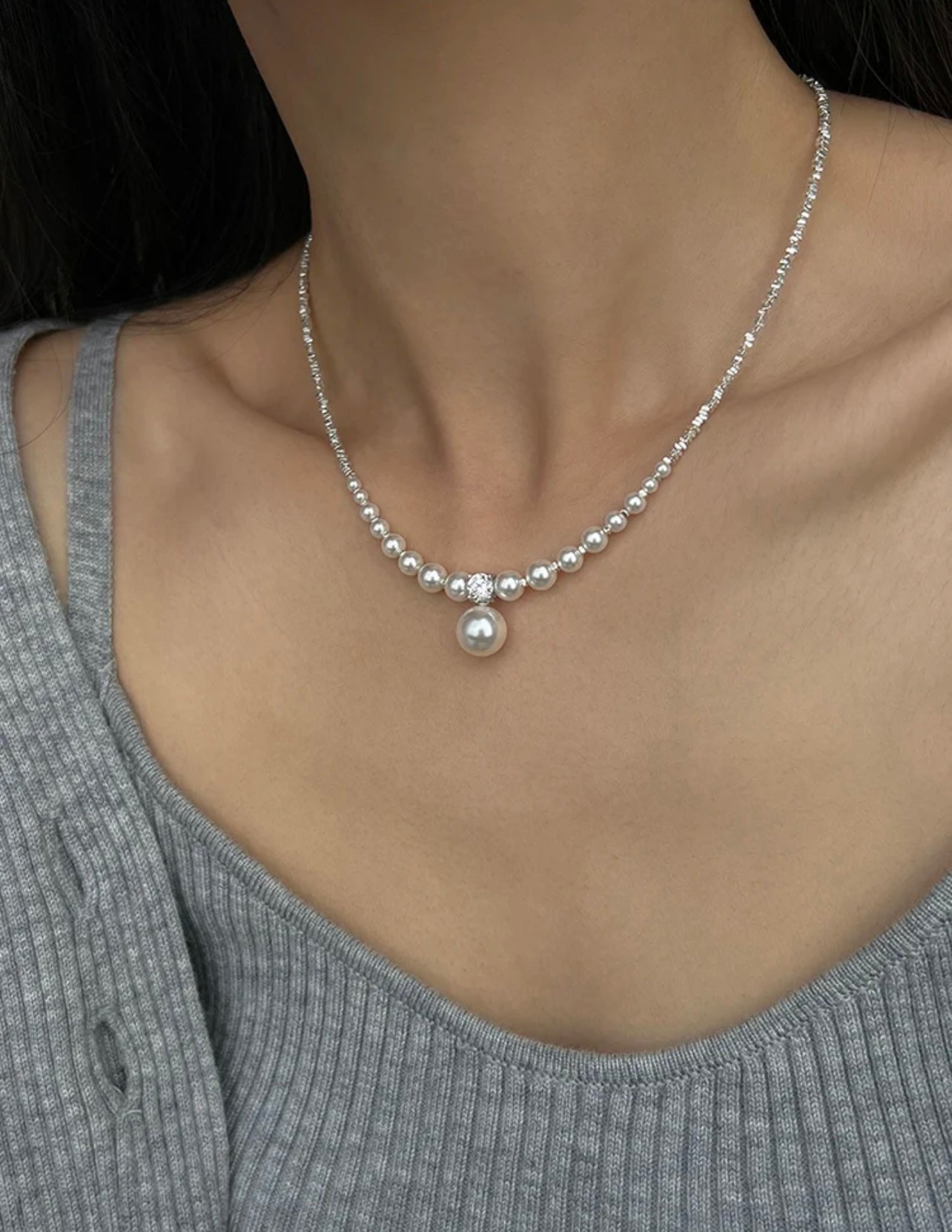 S925 Silver Crushed Silver Gradient Pearl Collar Necklace| White/Grey