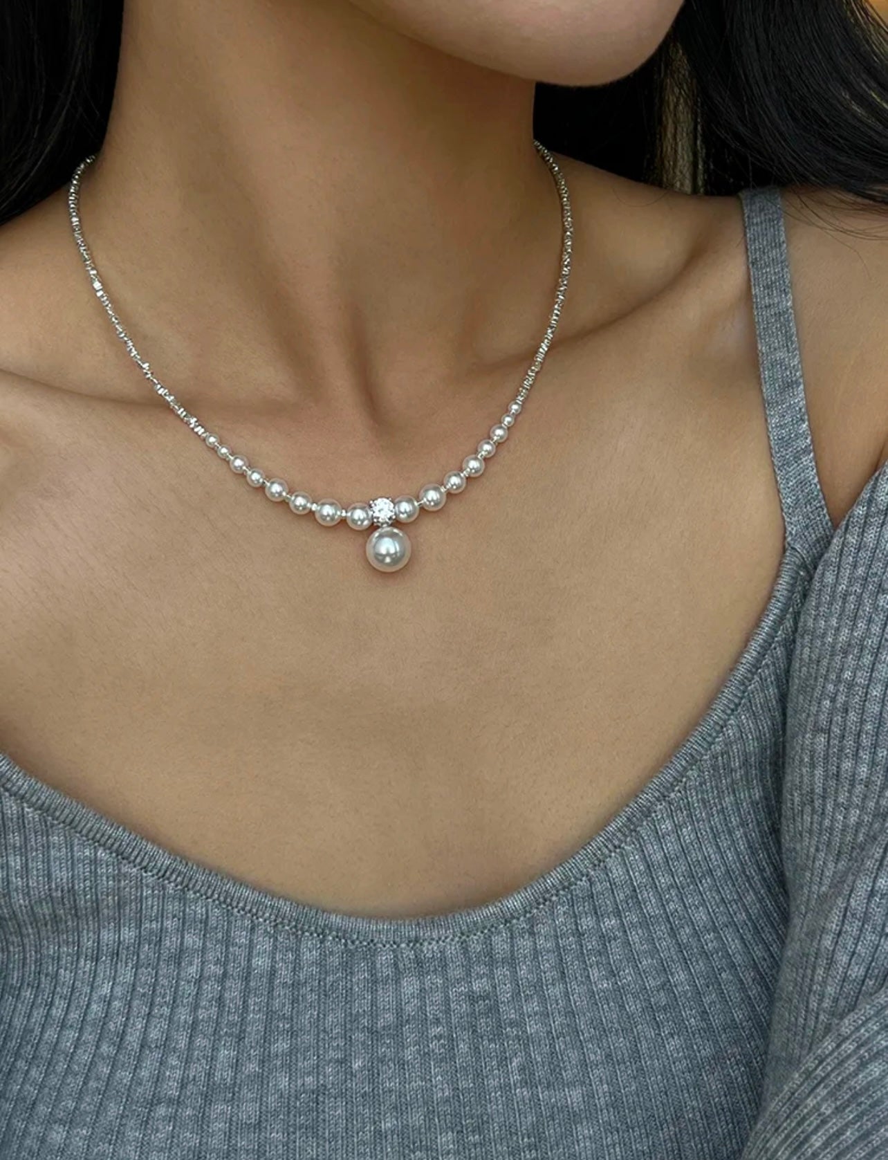 S925 Silver Crushed Silver Gradient Pearl Collar Necklace| White/Grey