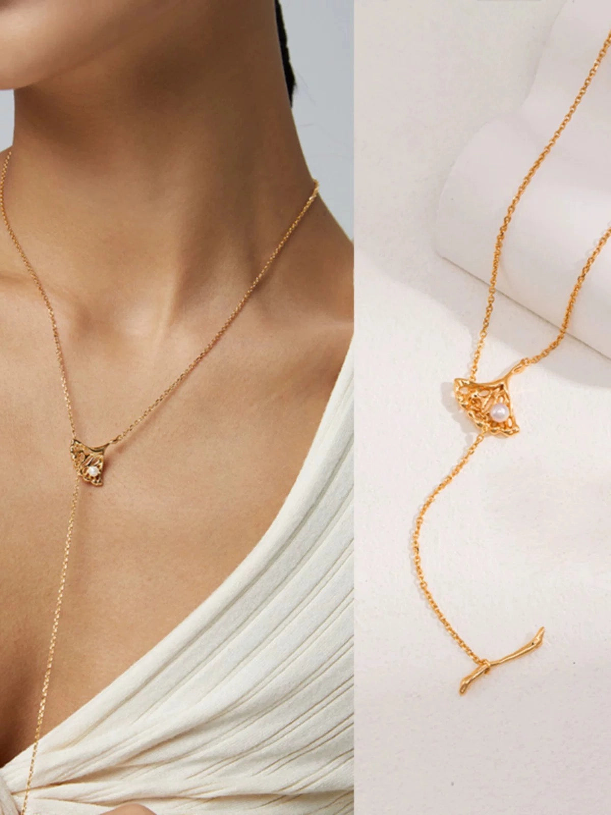The One1| Ginkgo Leaf Pearl Necklace, S925 Sterling Silver, Freshwater Pearl, Minimal Nordic Style | Vintage Gold