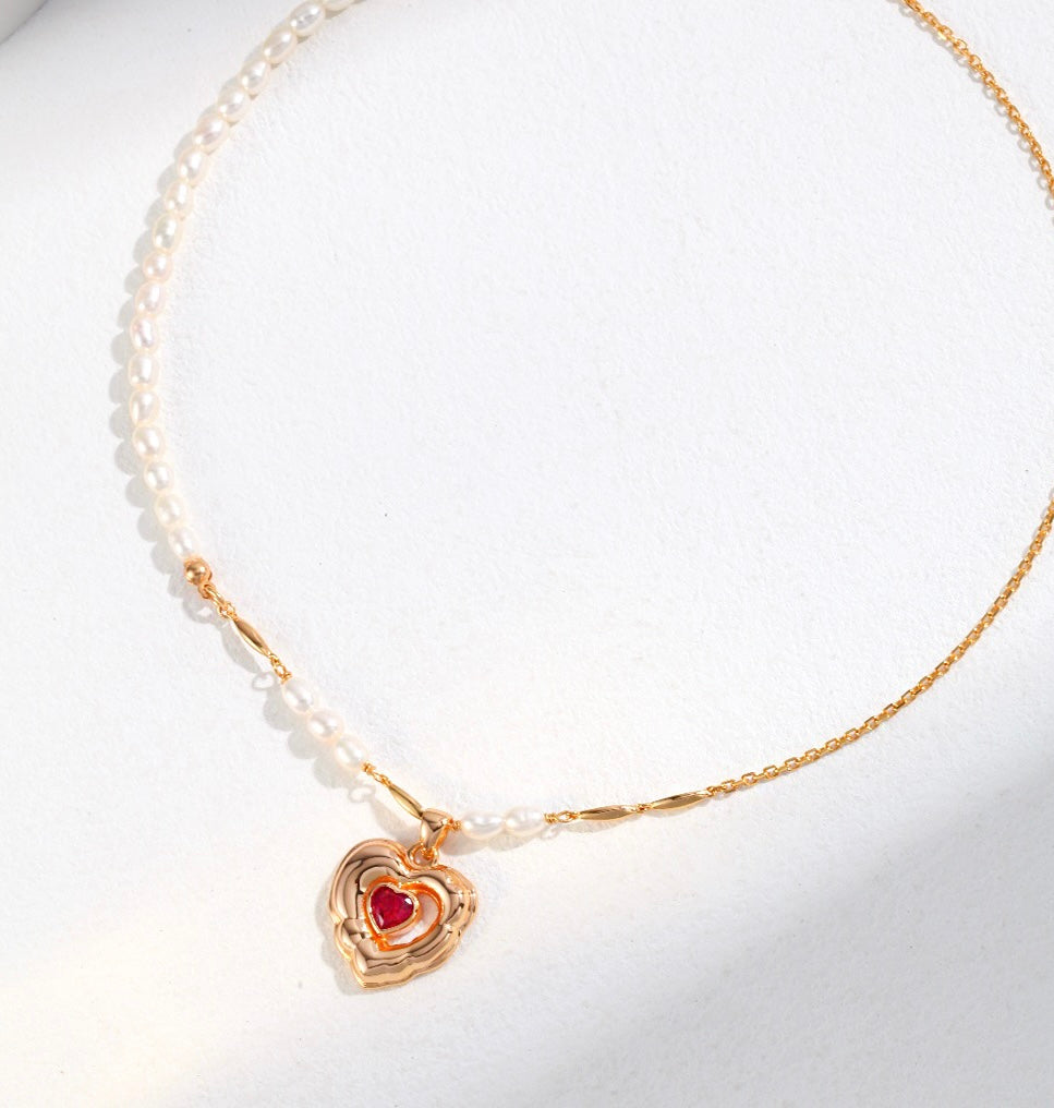 Sterling Silver Red Heart Pearl Necklace | Vintage gold