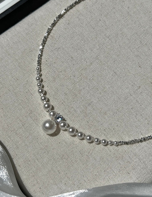 S925 Silver Crushed Silver Gradient Pearl Collar Necklace| White/Grey