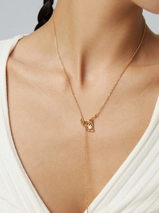The One1| Ginkgo Leaf Pearl Necklace, S925 Sterling Silver, Freshwater Pearl, Minimal Nordic Style | Vintage Gold
